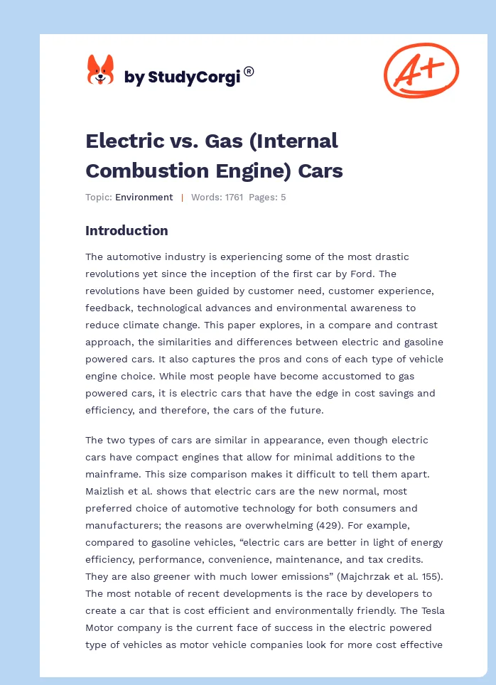 Electric vs. Gas (Internal Combustion Engine) Cars. Page 1