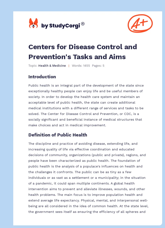 Centers for Disease Control and Prevention's Tasks and Aims. Page 1
