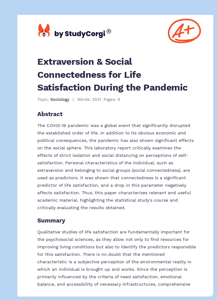 Extraversion & Social Connectedness for Life Satisfaction During the Pandemic. Page 1