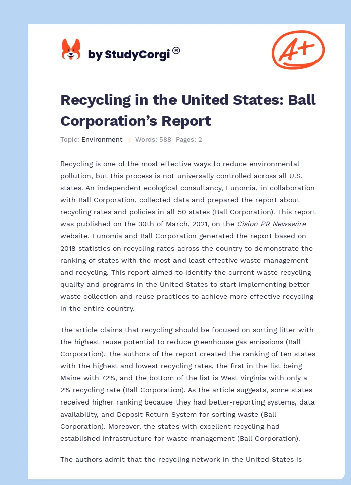 Recycling in the United States: Ball Corporation’s Report. Page 1