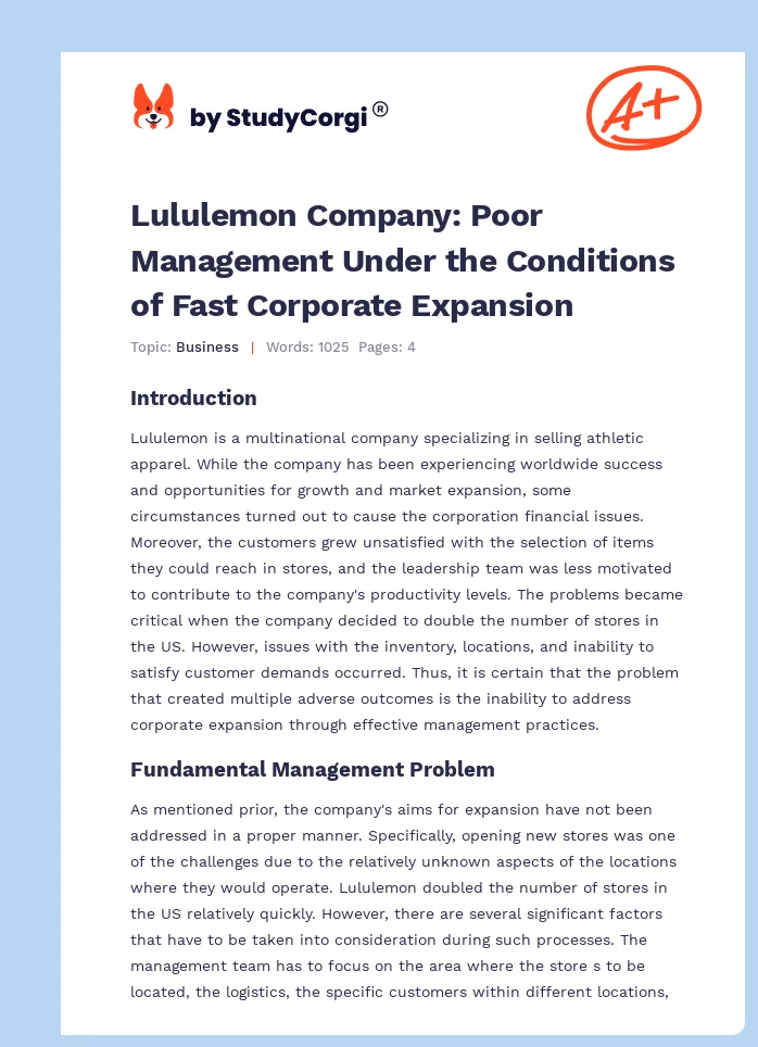 Lululemon Company: Poor Management Under the Conditions of Fast Corporate Expansion. Page 1