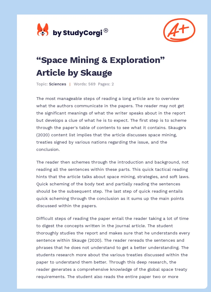 “Space Mining & Exploration” Article by Skauge. Page 1