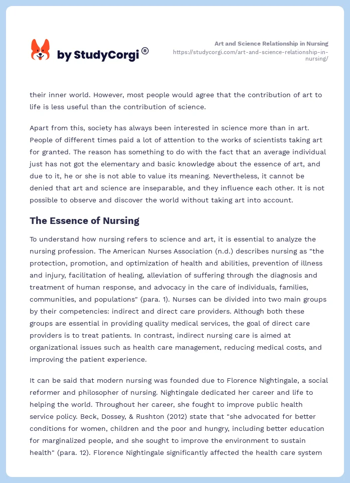 Art and Science Relationship in Nursing. Page 2