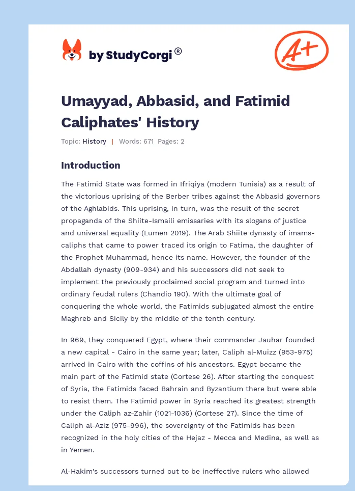 Umayyad, Abbasid, and Fatimid Caliphates' History. Page 1