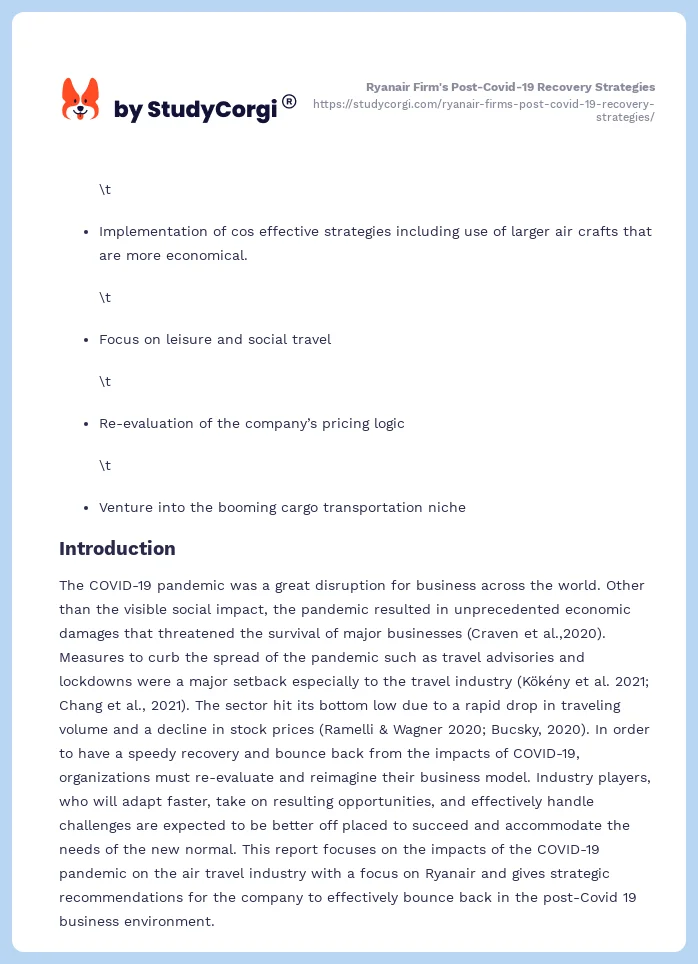 Ryanair Firm's Post-Covid-19 Recovery Strategies. Page 2