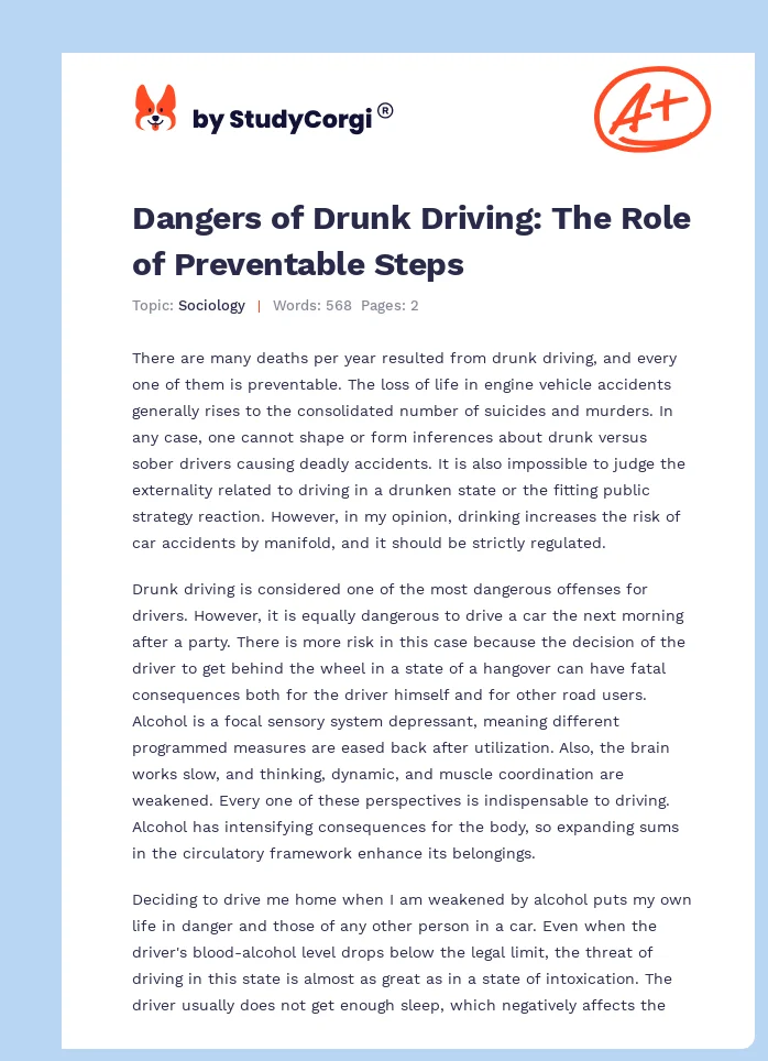 Dangers of Drunk Driving: The Role of Preventable Steps. Page 1