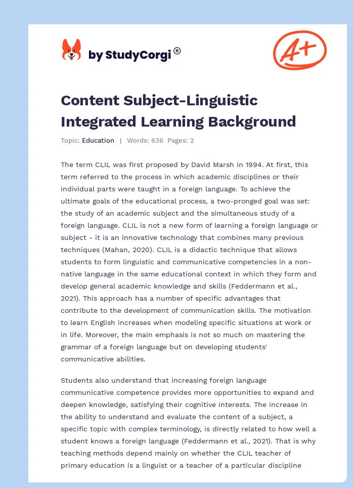 Content Subject-Linguistic Integrated Learning Background. Page 1