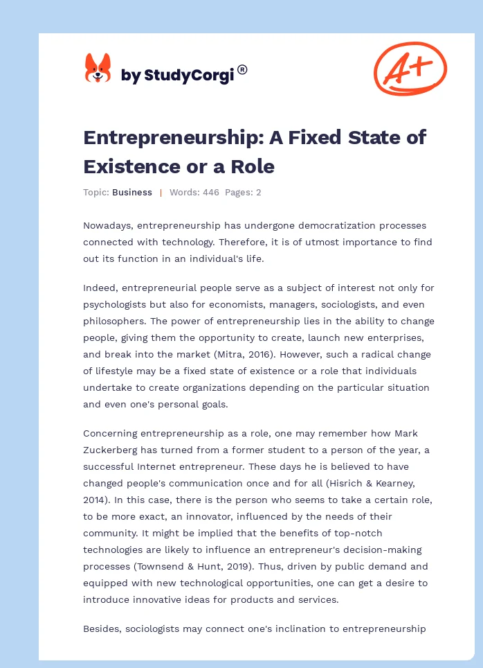 Entrepreneurship: A Fixed State of Existence or a Role. Page 1