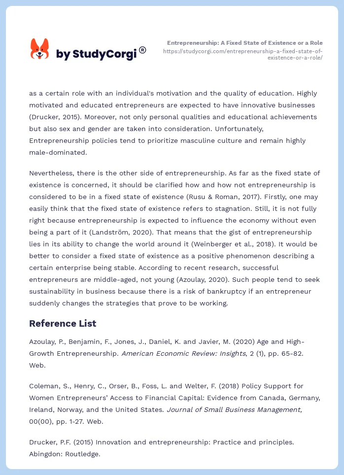 Entrepreneurship: A Fixed State of Existence or a Role. Page 2