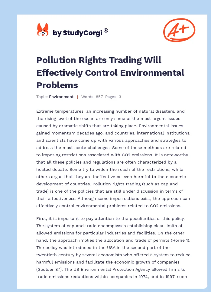 Pollution Rights Trading Will Effectively Control Environmental Problems. Page 1