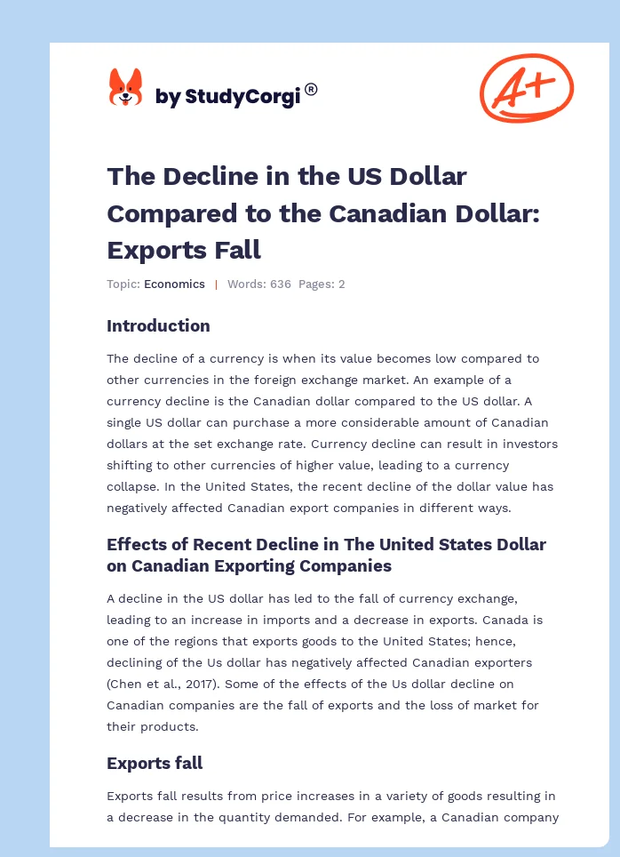 The Decline in the US Dollar Compared to the Canadian Dollar: Exports Fall. Page 1