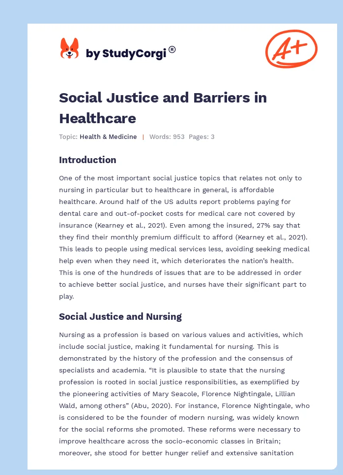 Social Justice and Barriers in Healthcare. Page 1