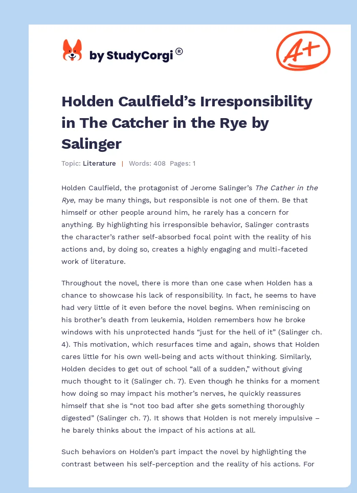 Holden Caulfield’s Irresponsibility in The Catcher in the Rye by Salinger. Page 1