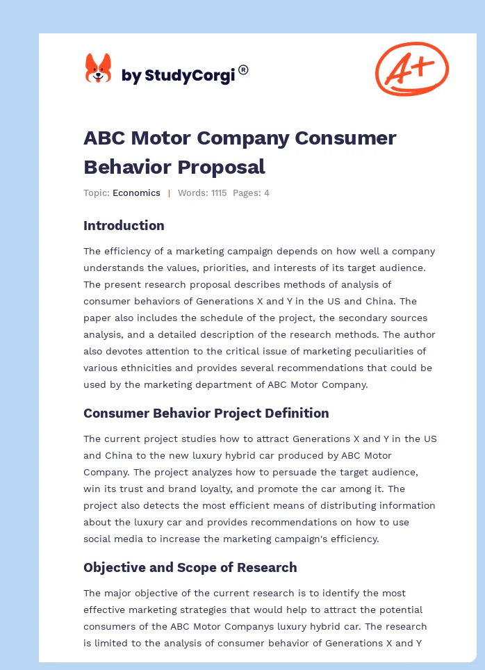 ABC Motor Company Consumer Behavior Proposal. Page 1
