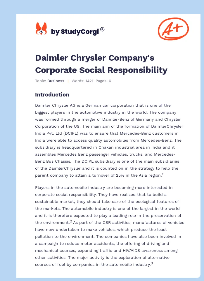 Daimler Chrysler Company's Corporate Social Responsibility. Page 1