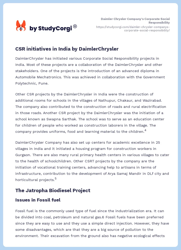 Daimler Chrysler Company's Corporate Social Responsibility. Page 2