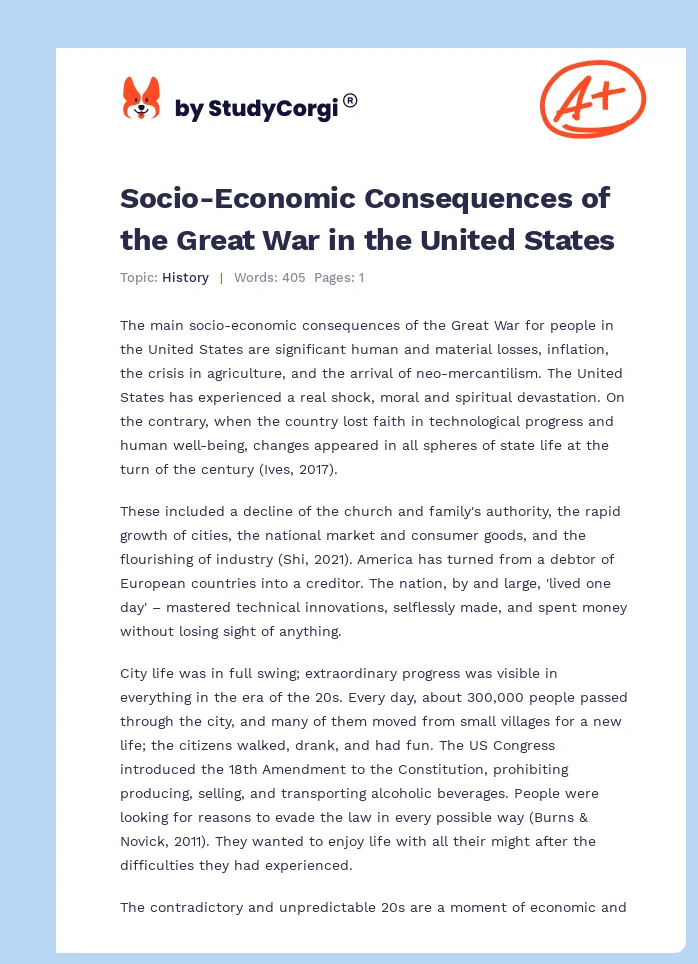 Socio-Economic Consequences of the Great War in the United States. Page 1