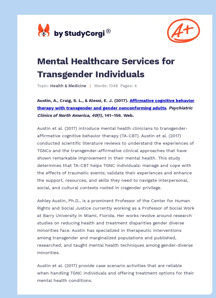 Mental Healthcare Services for Transgender Individuals. Page 1
