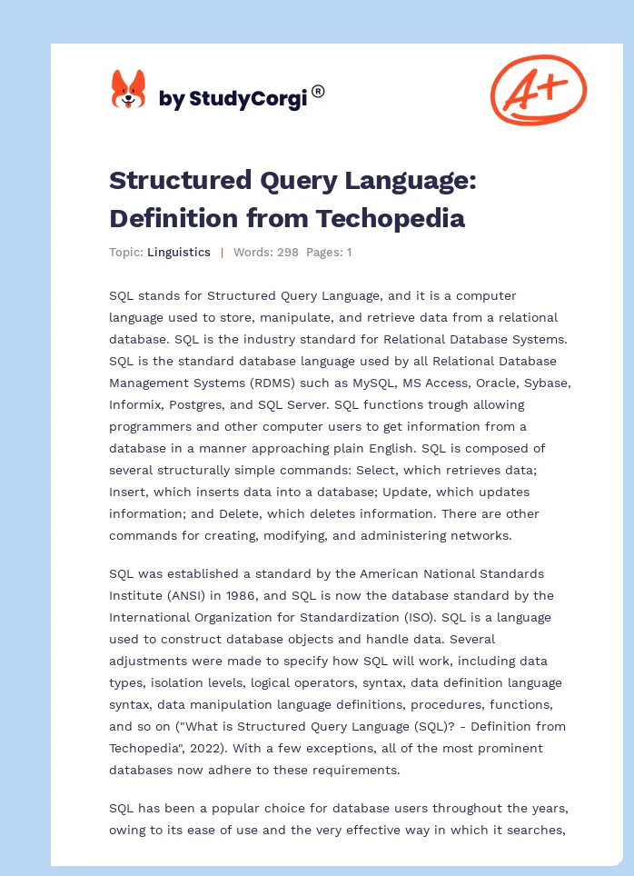 Structured Query Language: Definition from Techopedia. Page 1