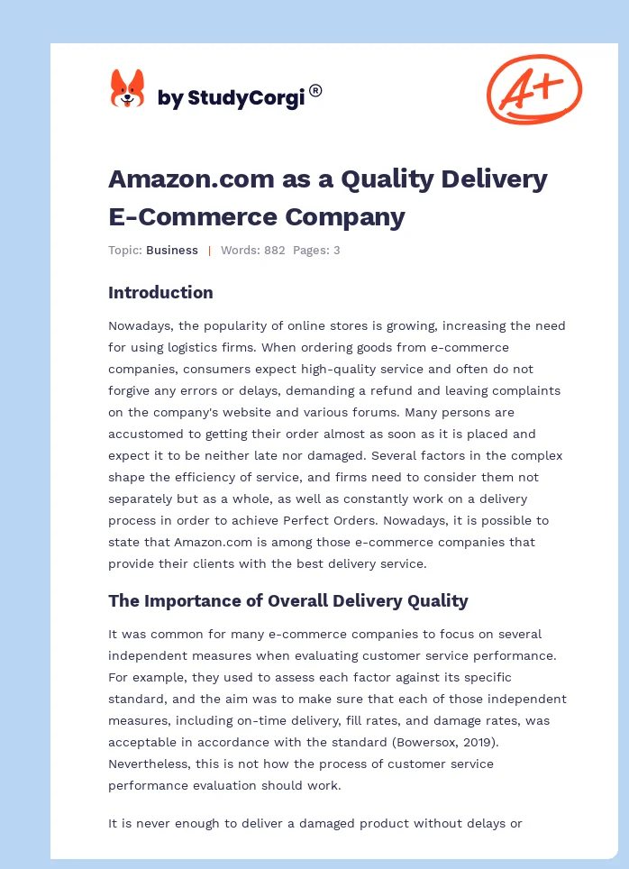 Amazon.com as a Quality Delivery E-Commerce Company. Page 1