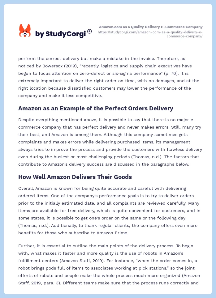 Amazon.com as a Quality Delivery E-Commerce Company. Page 2