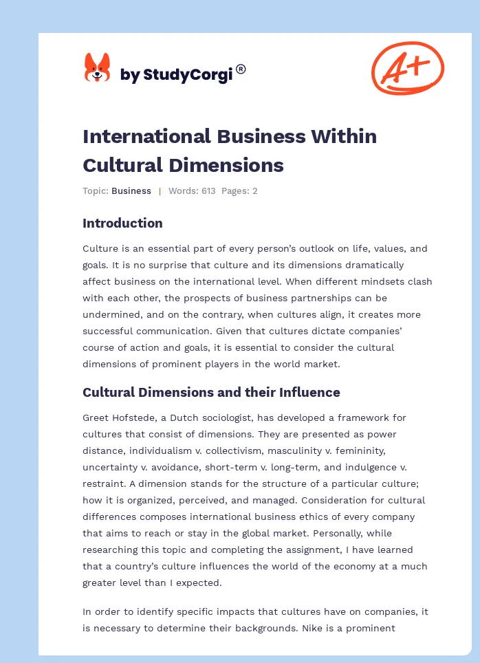 International Business Within Cultural Dimensions. Page 1