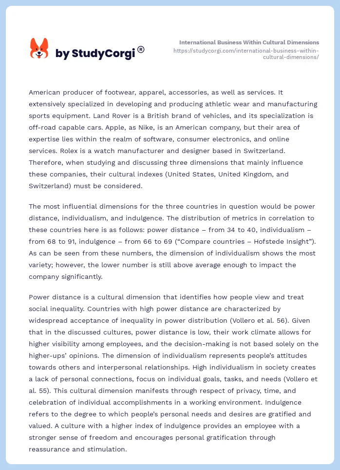 International Business Within Cultural Dimensions. Page 2