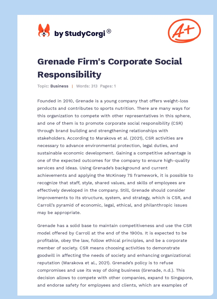 Grenade Firm's Corporate Social Responsibility. Page 1