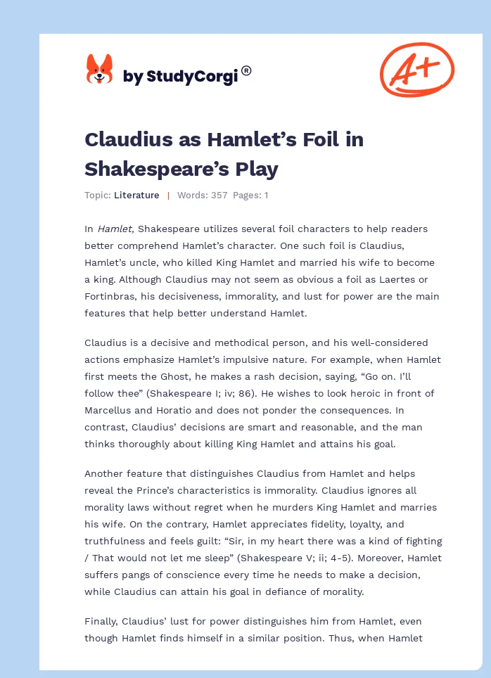 Claudius as Hamlet’s Foil in Shakespeare’s Play. Page 1