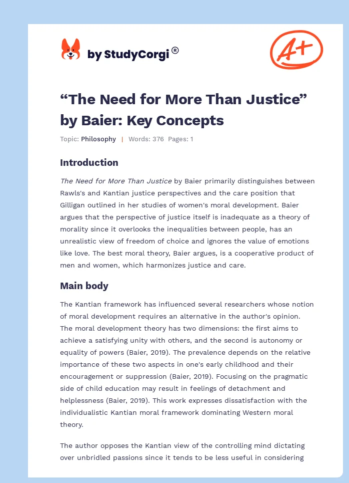 “The Need for More Than Justice” by Baier: Key Concepts. Page 1