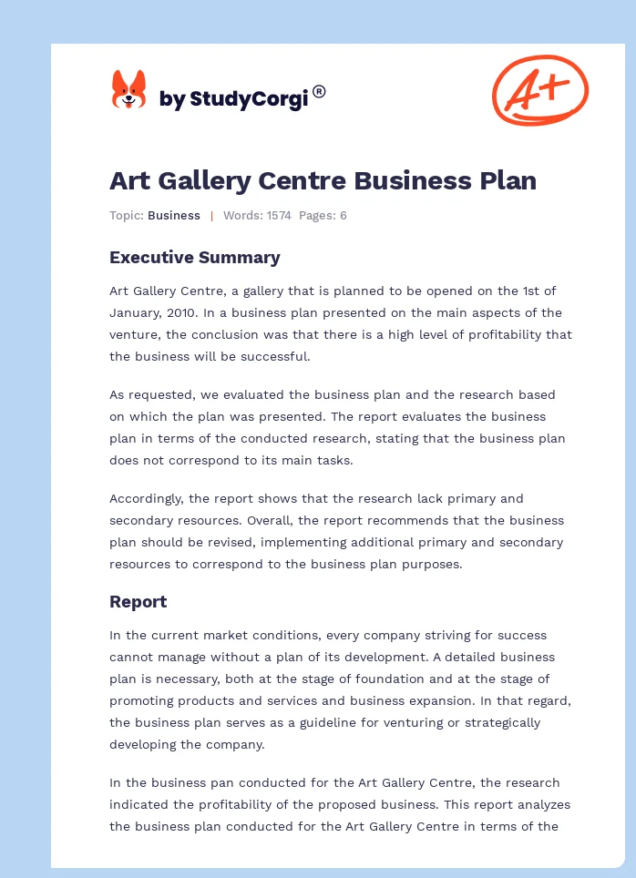 Art Gallery Centre Business Plan. Page 1