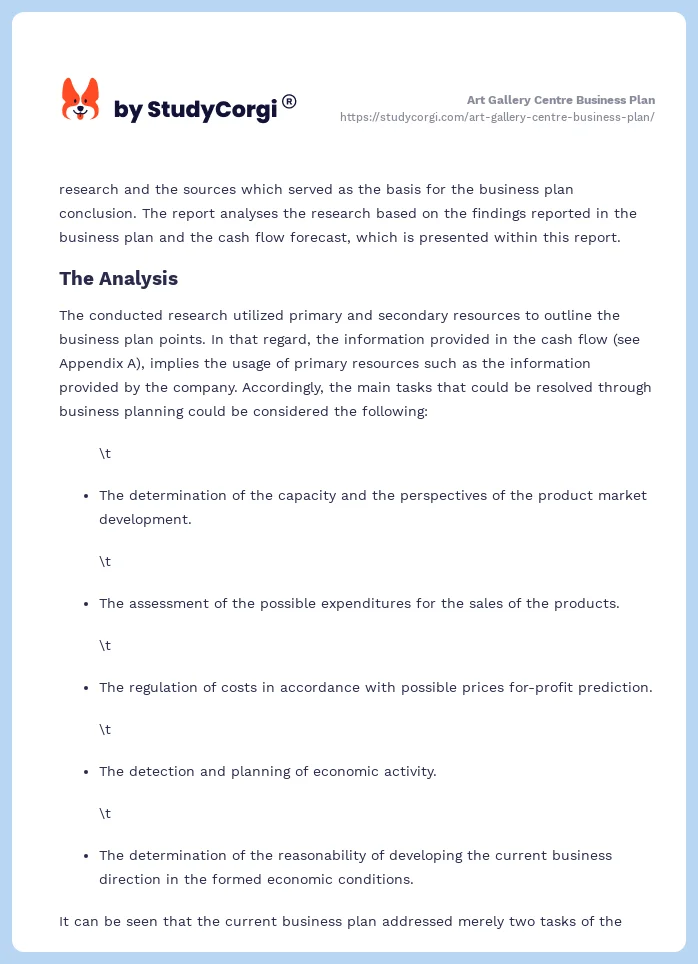 Art Gallery Centre Business Plan. Page 2