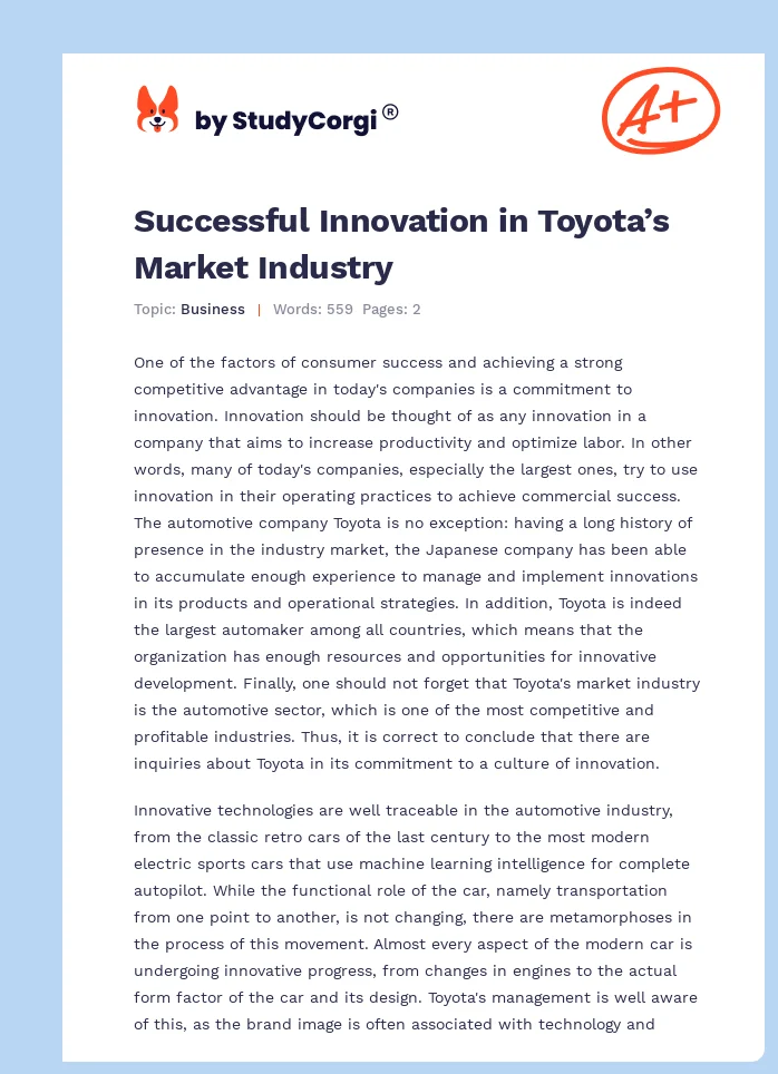 Successful Innovation in Toyota’s Market Industry. Page 1