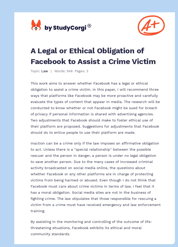 A Legal or Ethical Obligation of Facebook to Assist a Crime Victim. Page 1