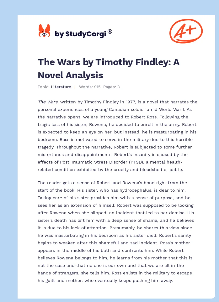 The Wars by Timothy Findley: A Novel Analysis. Page 1
