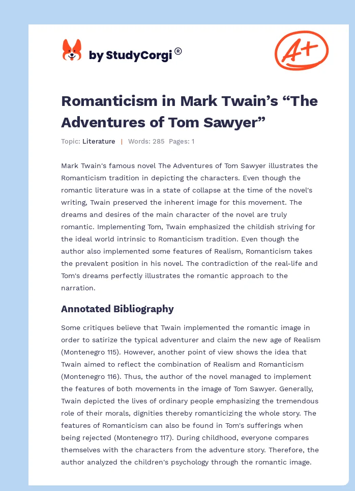Romanticism in Mark Twain’s “The Adventures of Tom Sawyer”. Page 1