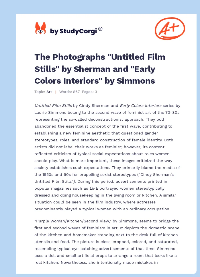 The Photographs "Untitled Film Stills" by Sherman and "Early Colors Interiors" by Simmons. Page 1