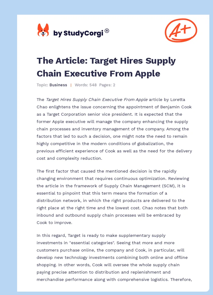 The Article: Target Hires Supply Chain Executive From Apple. Page 1