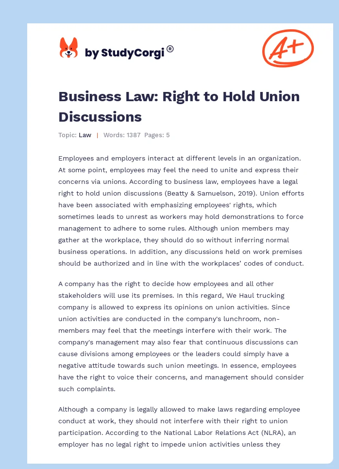 Business Law: Right to Hold Union Discussions. Page 1