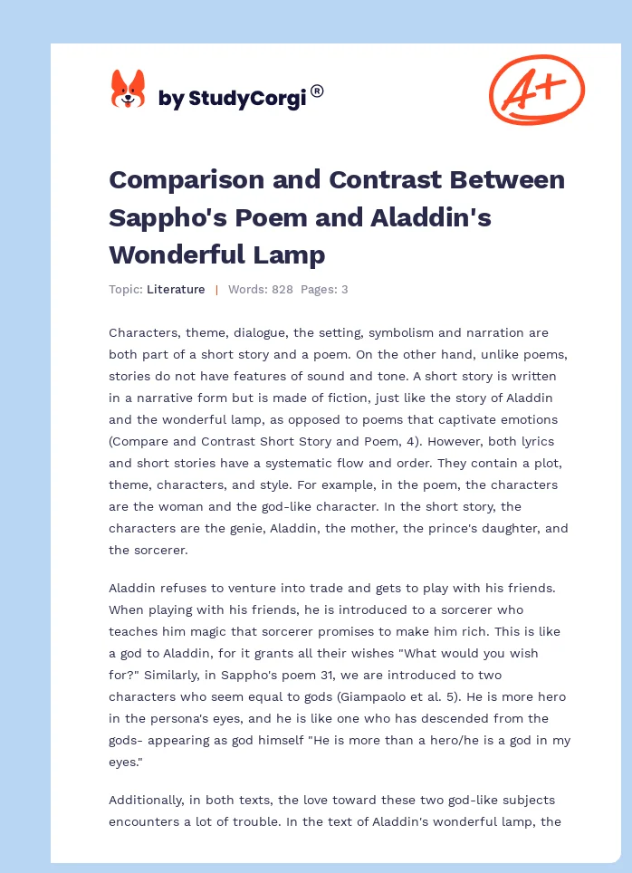 Comparison and Contrast Between Sappho's Poem and Aladdin's Wonderful Lamp. Page 1