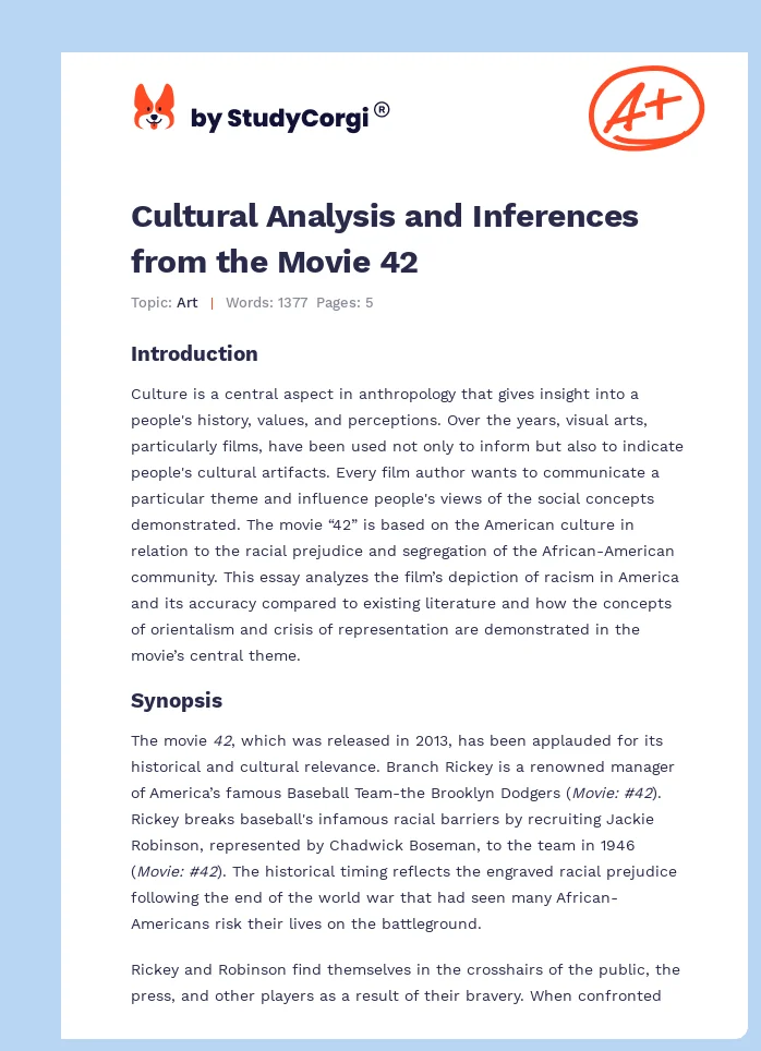 Cultural Analysis and Inferences from the Movie 42. Page 1