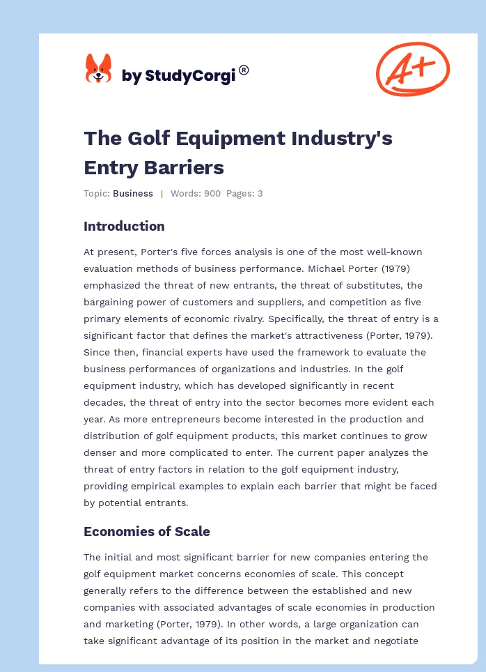 The Golf Equipment Industry's Entry Barriers. Page 1