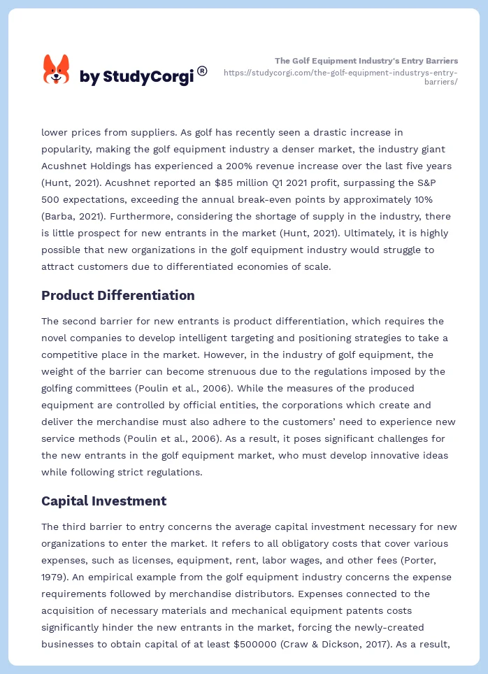 The Golf Equipment Industry's Entry Barriers. Page 2