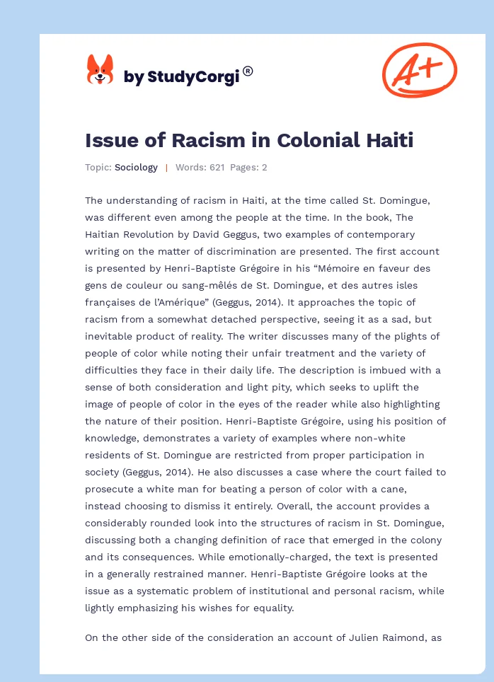 Issue of Racism in Colonial Haiti. Page 1