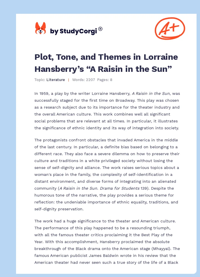 Plot, Tone, and Themes in Lorraine Hansberry’s “A Raisin in the Sun”. Page 1