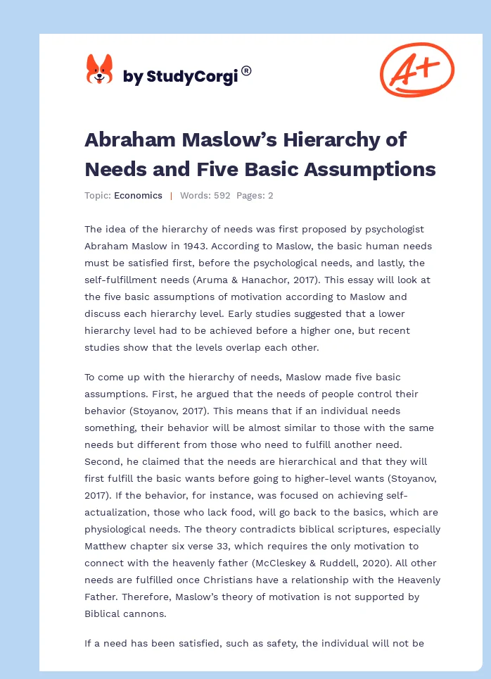 Abraham Maslow’s Hierarchy of Needs and Five Basic Assumptions. Page 1