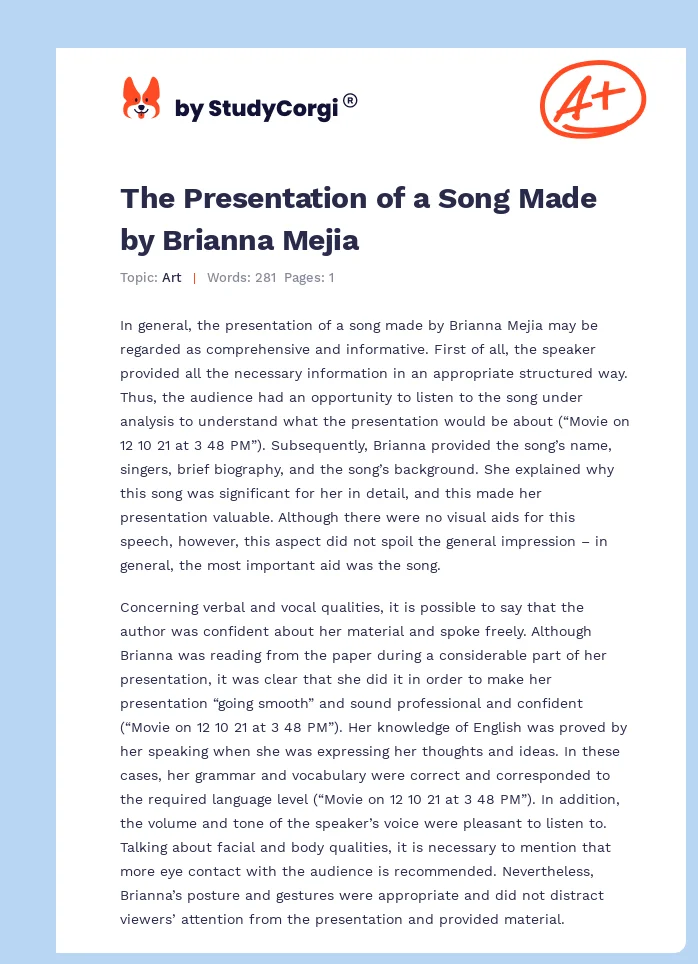 The Presentation of a Song Made by Brianna Mejia. Page 1