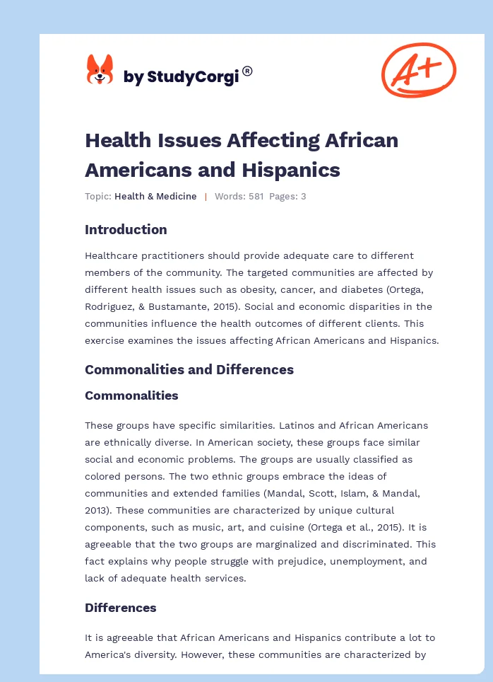 Health Issues Affecting African Americans and Hispanics. Page 1