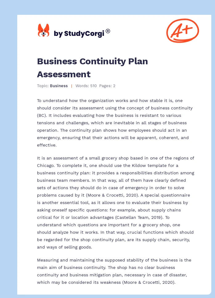 Business Continuity Plan Assessment. Page 1