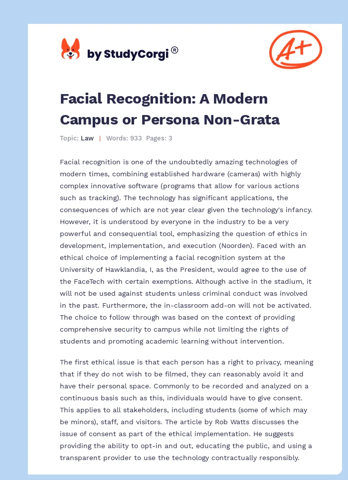 Facial Recognition: A Modern Campus or Persona Non-Grata. Page 1